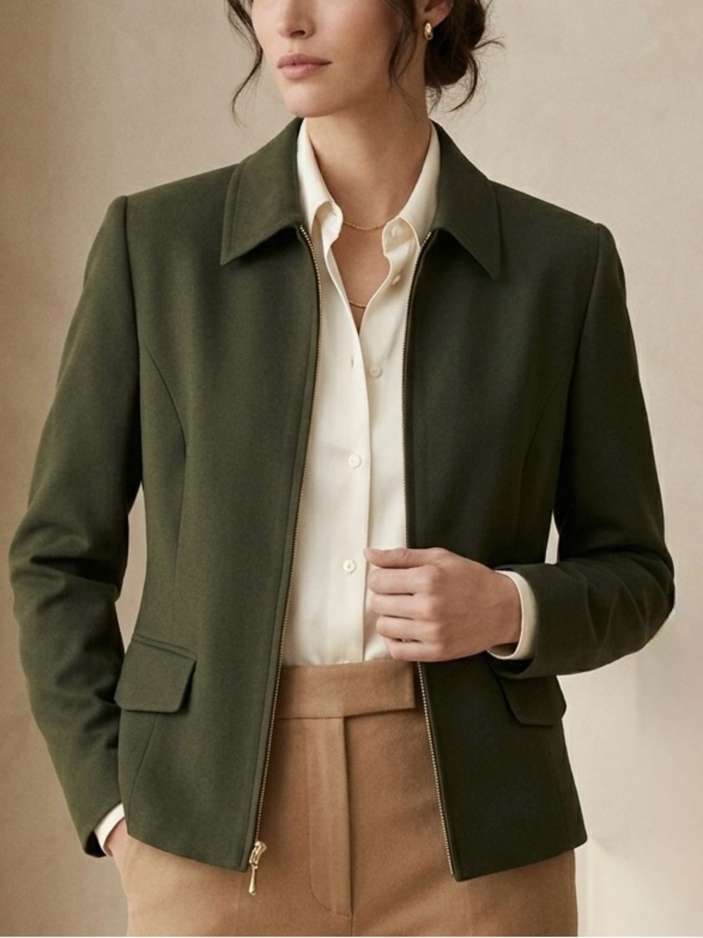 Vintage 90s Wool Zip Up Collared Jacket Size 10 Green Army Olive - Picture 9 of 9